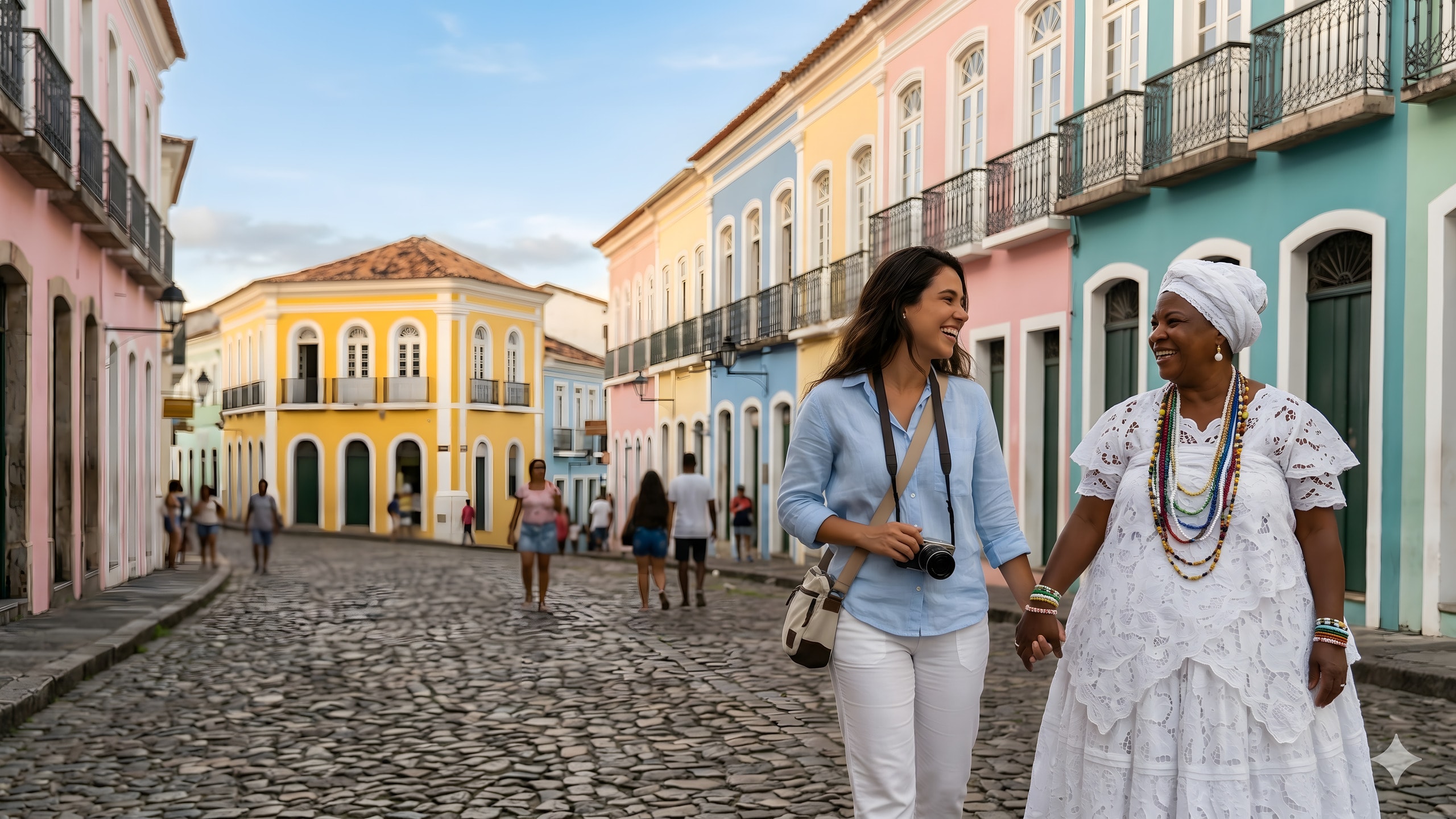 Baiana e turista caminhando de mãos dadas no Pelourinho, com casarões coloridos ao fundo